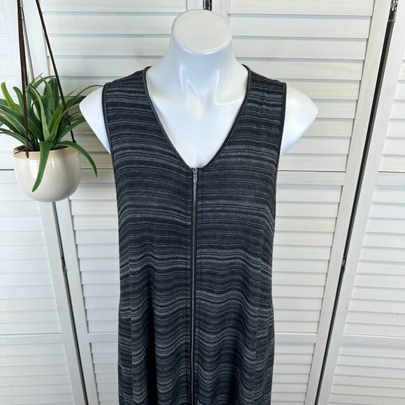 Comfy USA L Black Gray Striped Sleeveless Tank Dress Long Knit Tunic Asymmetric - Picture 2 of 8